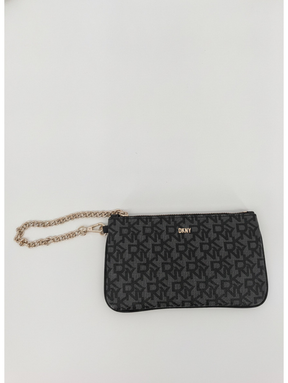 DKNY Black Logo Print Wristlet with Gold Chain Strap NWOT